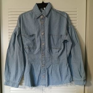 Women's Denim Shirt Long Sleeve, Fringe Hem, Tapered Pleats  Size M